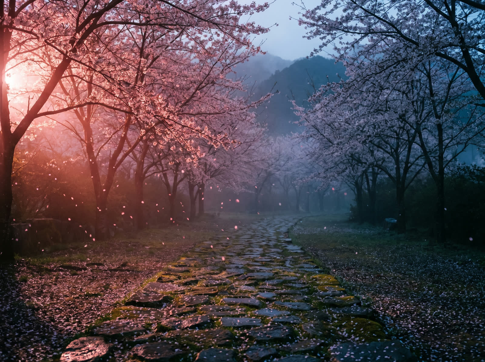 Caminho de pedra entre cerejeiras ao amanhecer