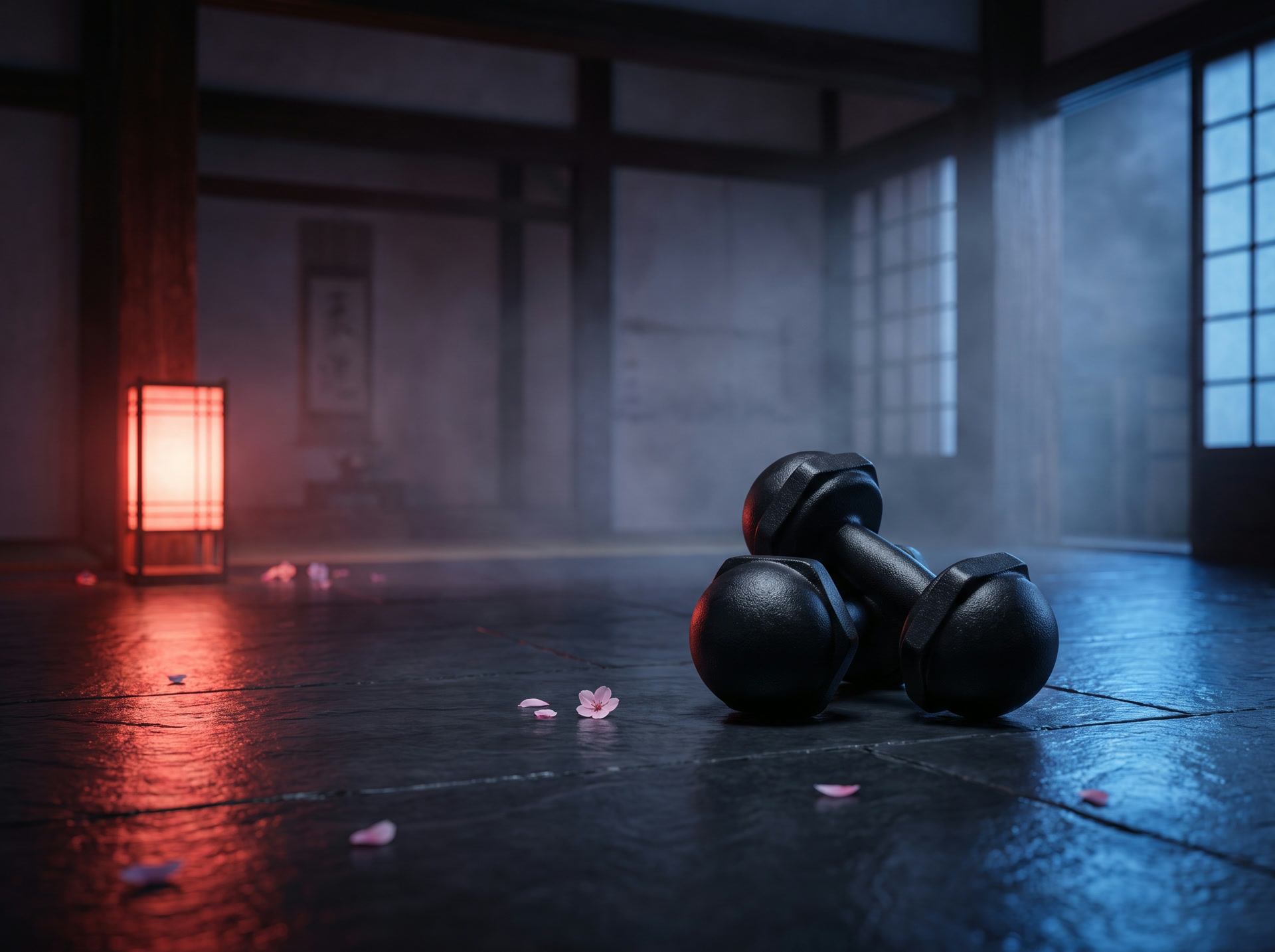 Halteres em um dojo na névoa, pétalas de cerejeira ao redor