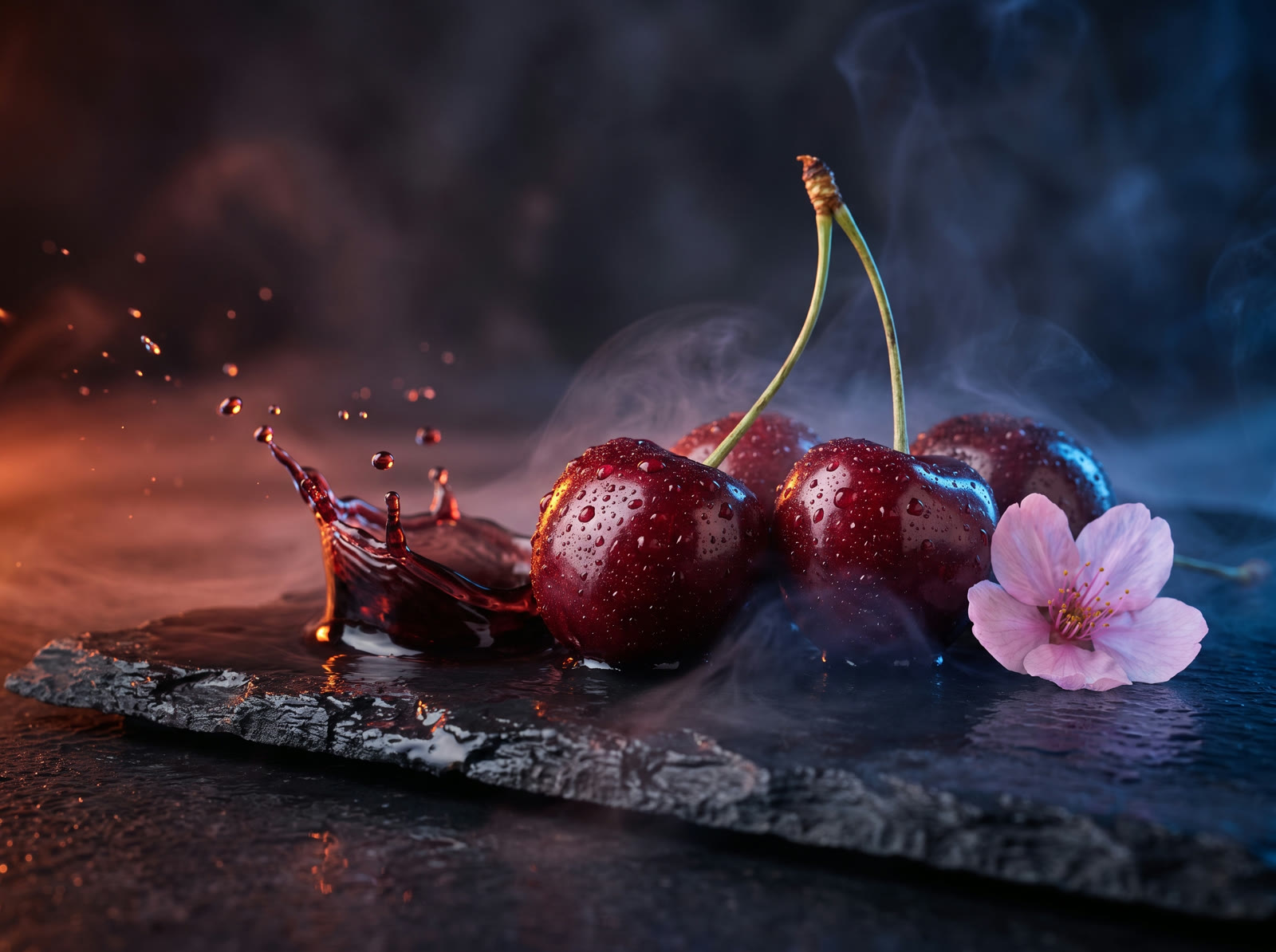 Cerejas escuras com gotas de água e um respingo de líquido black cherry sobre ardósia