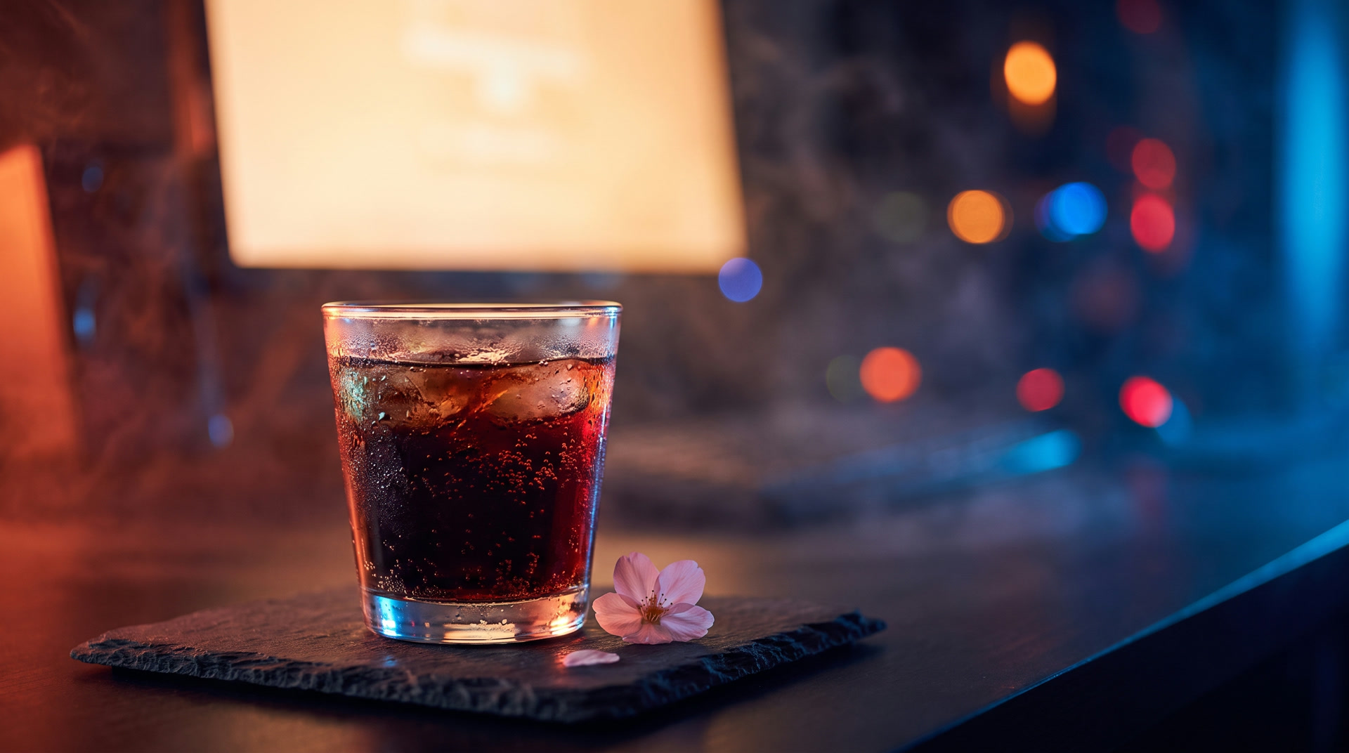 Mesa de trabalho à noite com copo de energético em foco