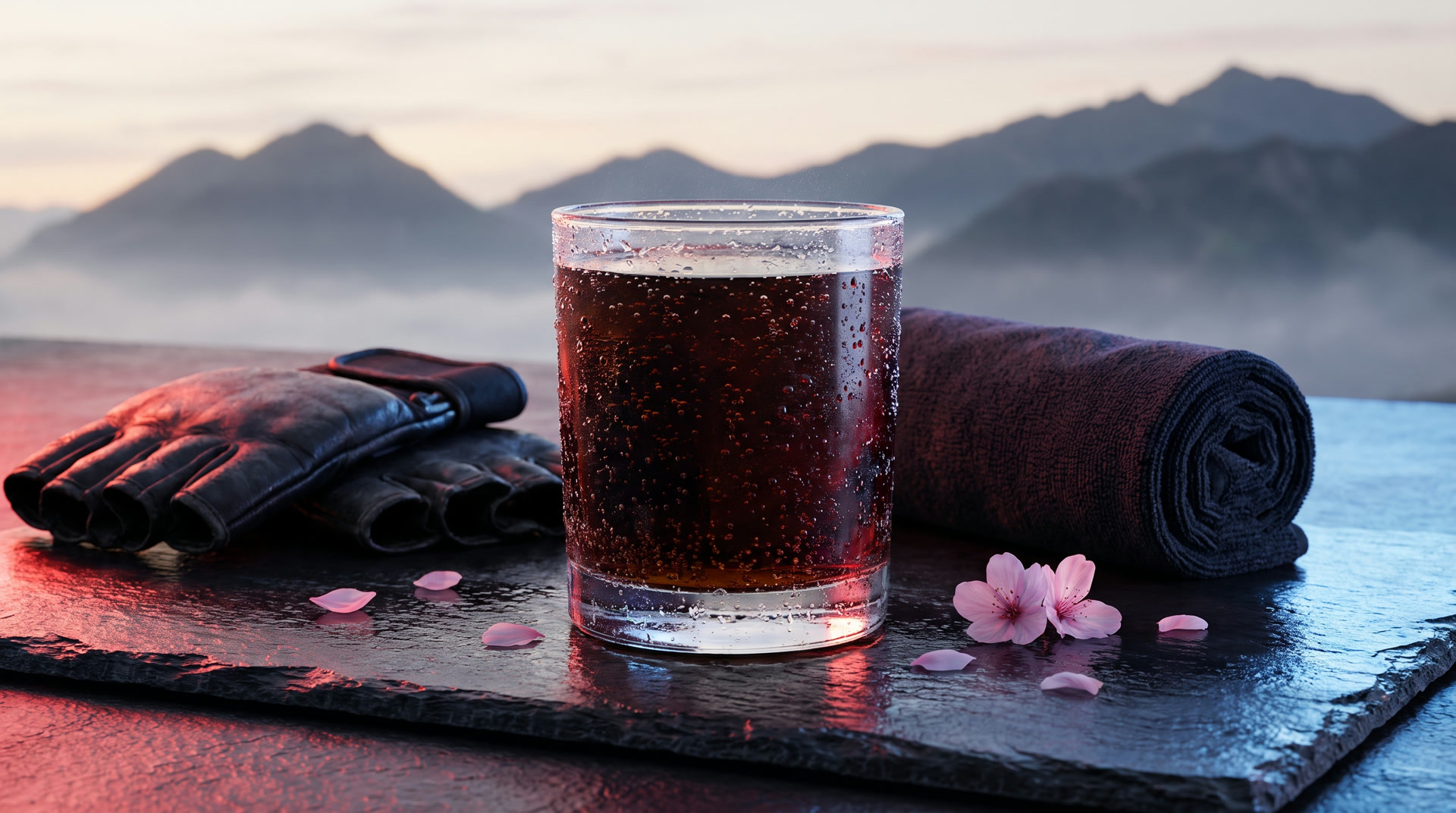 Copo de energético black cherry ao lado de luvas de treino, luz de amanhecer
